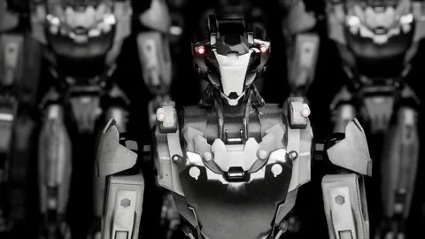 3d rendering of walking robotics army, industrial group of cyborg machines on Stock Illustration