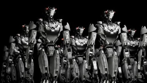 3d rendering of walking robotics army, industrial group of cyborg machines on Stock Illustration