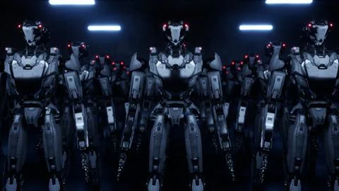 3d rendering of walking robotics army, industrial group of cyborg machines on イラスト素材
