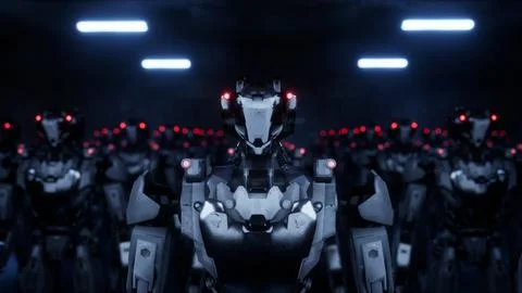 3d rendering of walking robotics army, industrial group of cyborg machines on Stockillustratie