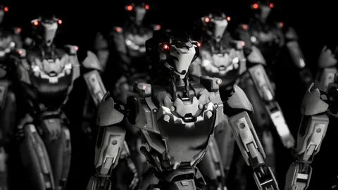 3d rendering of walking robotics army, industrial group of cyborg machines on Stock Illustration
