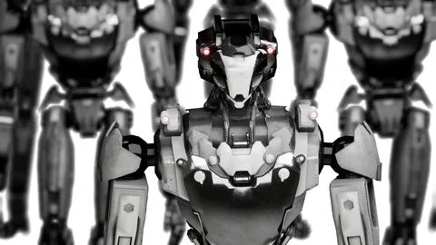 3d rendering of walking robotics army, industrial group of cyborg machines on Stockillustratie