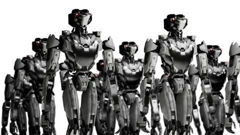 3d rendering of walking robotics army, industrial group of cyborg machines on 스톡 일러스트