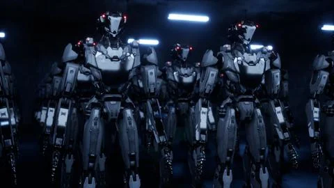 3d rendering of walking robotics army, industrial group of cyborg machines on Stockillustratie