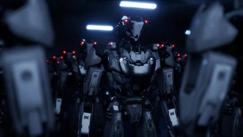 3d rendering of walking robotics army, industrial group of cyborg machines on Stock Illustration