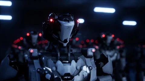 3d rendering of walking robotics army, industrial group of cyborg machines on Stockillustratie