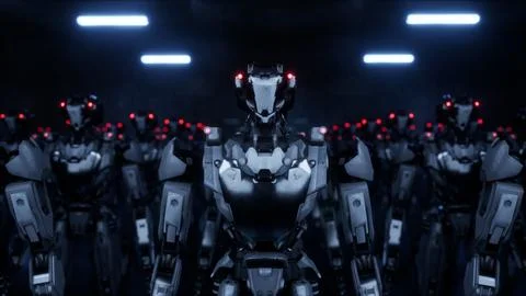 3d rendering of walking robotics army, industrial group of cyborg machines on Stock Illustration