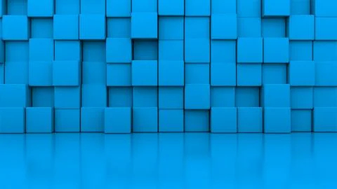 3d rendering wall of blue cubes located at different levels in a blue studio イラスト素材