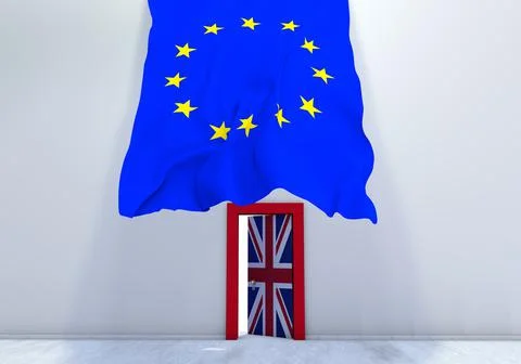 3D rendering of the wall EU flag hung from above and a door with the United Ilustração Stock