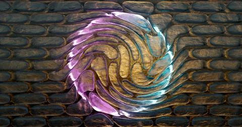 3d rendering. Wall with the texture of brickwork from ice in neon light from Stock Illustration