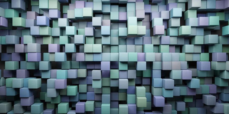 3D rendering wallpaper background of green and blue shuffled cubes Stock Illustration