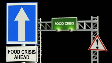 A 3d rendering of warning signs, a "FOOD CRISIS"  text on green highway Stockillustratie