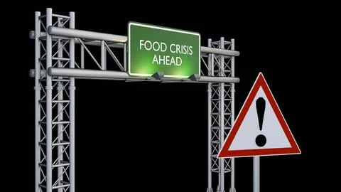 A 3d rendering of warning signs, a "FOOD CRISIS"  text on green highway Stockillustratie