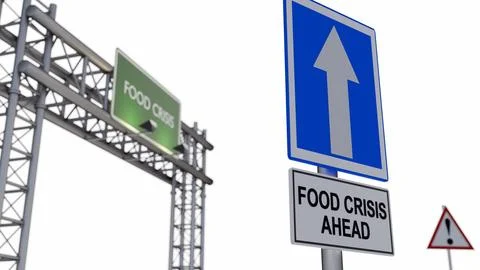 A 3d rendering of warning signs, a "FOOD CRISIS"  text on green highway Stockillustratie