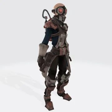 A 3D rendering of a warrior game character with a mask and oxygen tank in a s Stock Illustration