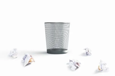 3D rendering of a waste basket with crumpled papers outside Stock Illustration