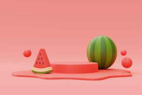 3d rendering of watermelon isolated with podium display on red background,sum Stock Illustration