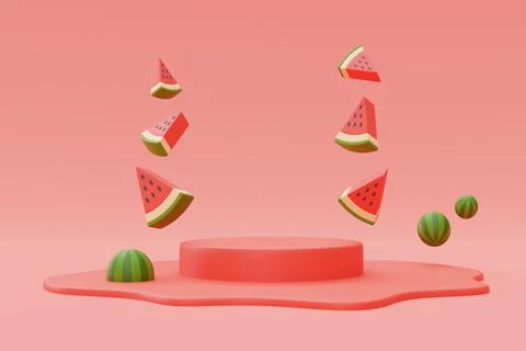 3d rendering of watermelon isolated with podium display on red background,sum Illustrazione stock