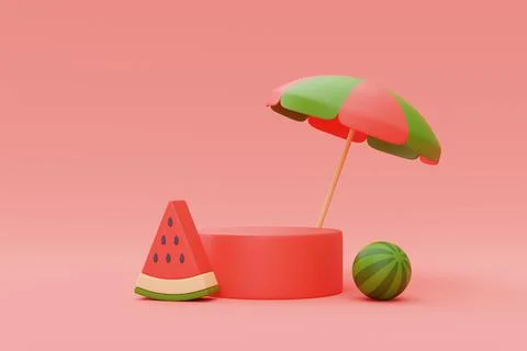 3d rendering of watermelon isolated with podium display on red background,sum Stock Illustration