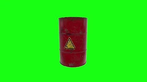 3D rendering of a weathered red barrel with hazard symbol on green background Stock-Footage 297584298