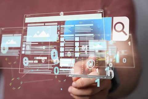 A 3D rendering of web develop interface with a hand tapping on it from the ba Stock Photos