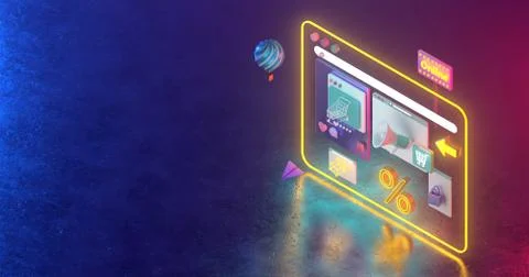 3d rendering of Web icons  and neon light. Stock Illustration