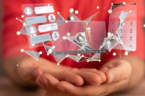3d rendering of a web messaging application Interface in hands Stock Photos