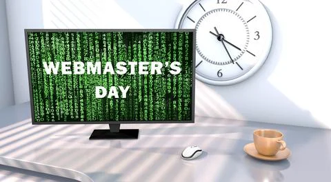 3D rendering Webmasters Day. Text on the monitor screen. Stock Illustration