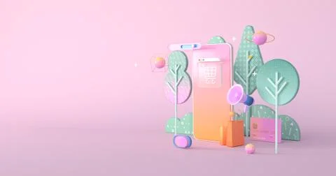 3d rendering of website icon cart and smartphone. Stock Illustration