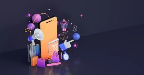 3d rendering of website icon cart and smartphone. Stock Illustration