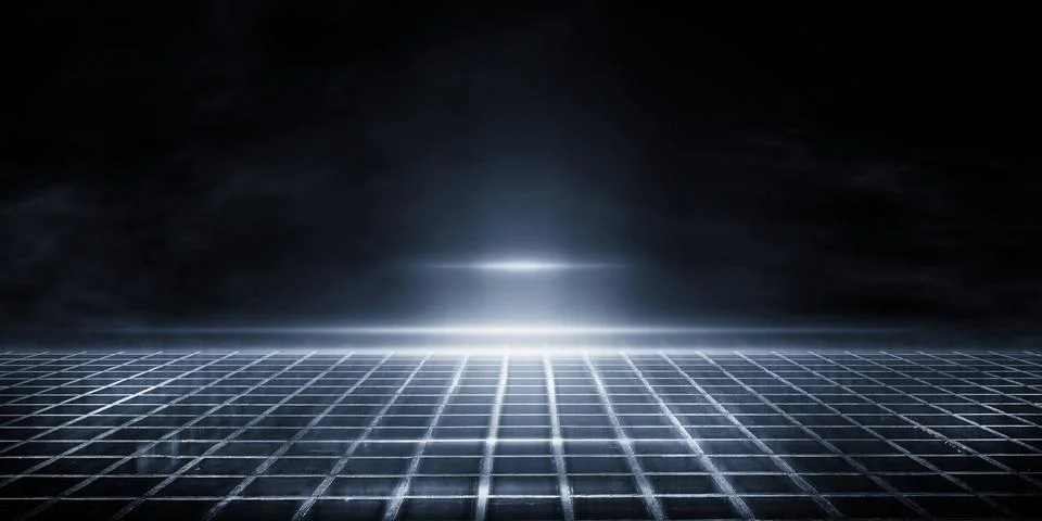3D rendering wet asphalt, reflection of neon lights, a searchlight, smoke. Stock Illustration