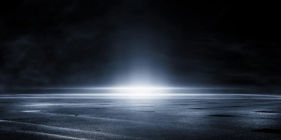 3D rendering wet asphalt, reflection of neon lights, a searchlight, smoke. Stock Photos