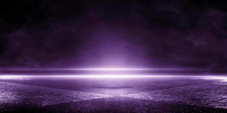 3D rendering wet asphalt, reflection of neon lights, a searchlight, smoke. Stock Photos