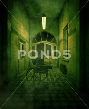 3d rendering of a wheelchair in haunted house or asylum Stock Illustration