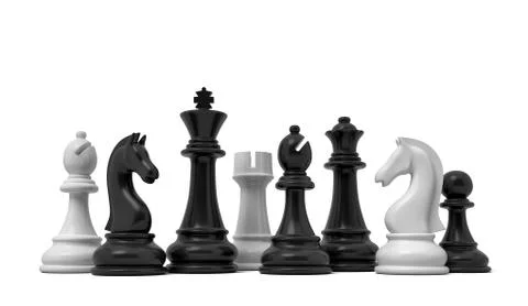 3d rendering of white and black chess pieces standing together isolated on a Stock Illustration