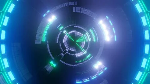 A 3D rendering of white and green lights forming a circle in a dark blue back イラスト素材