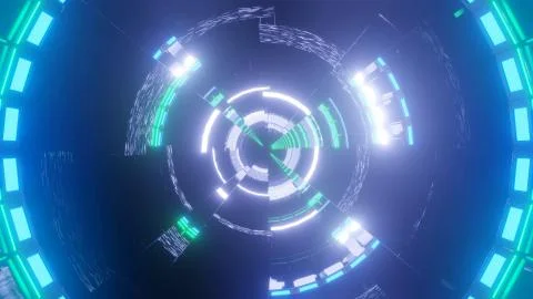 A 3D rendering of white and green lights forming a circle in a dark blue back イラスト素材