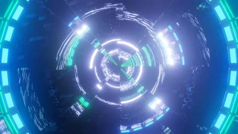 A 3D rendering of white and green lights forming a circle in a dark blue back イラスト素材