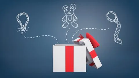 3d rendering of a white and red gift box with an open lid stands near drawings Stock Illustration