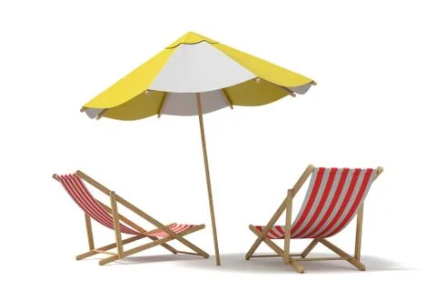 3d rendering of a white and yellow beach umbrella standing above two deck chairs Stock-Illustration