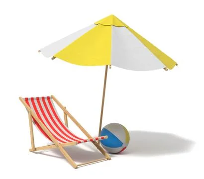 3d rendering of a white and yellow beach umbrella and wooden deck chair. Illustrazione stock