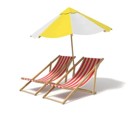 3d rendering of a white and yellow beach umbrella standing above two deck chairs Stock Illustration