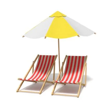 3d rendering of a white and yellow beach umbrella standing above two deck chairs Stock Illustration