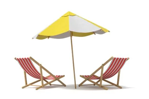 3d rendering of a white and yellow beach umbrella standing above two deck chairs イラスト素材