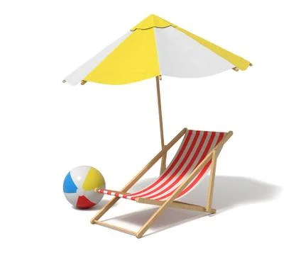3d rendering of a white and yellow beach umbrella and wooden deck chair. Stock Illustration