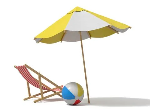 3d rendering of a white and yellow beach umbrella and wooden deck chair. Stock Illustration