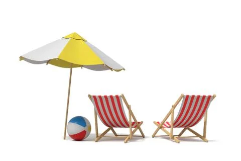 3d rendering of a white and yellow beach umbrella standing above two deck chairs Ilustración de archivo