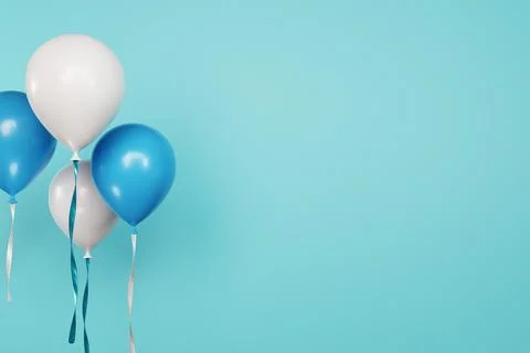3D rendering white blue balloons on empty space light blue background Ilustración de archivo