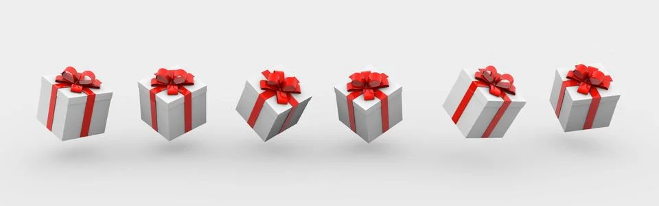 A 3D rendering of white boxes in a row with red ribbons isolated on a white b Stock Illustration