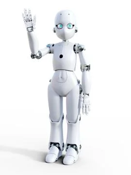 3D rendering of a white cartoon robot waving hello. Stock Illustration